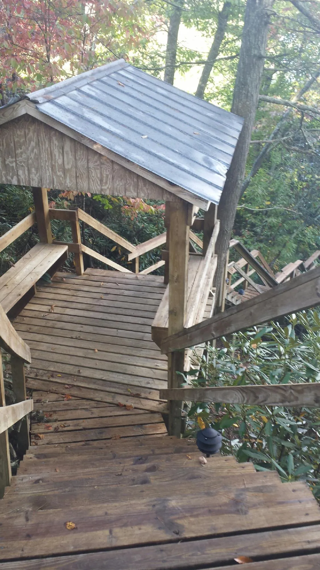 Metal roofed shelter over wooden steps on a wooded walkway — Skylight Repair & Installation work by our crew in Marshfield